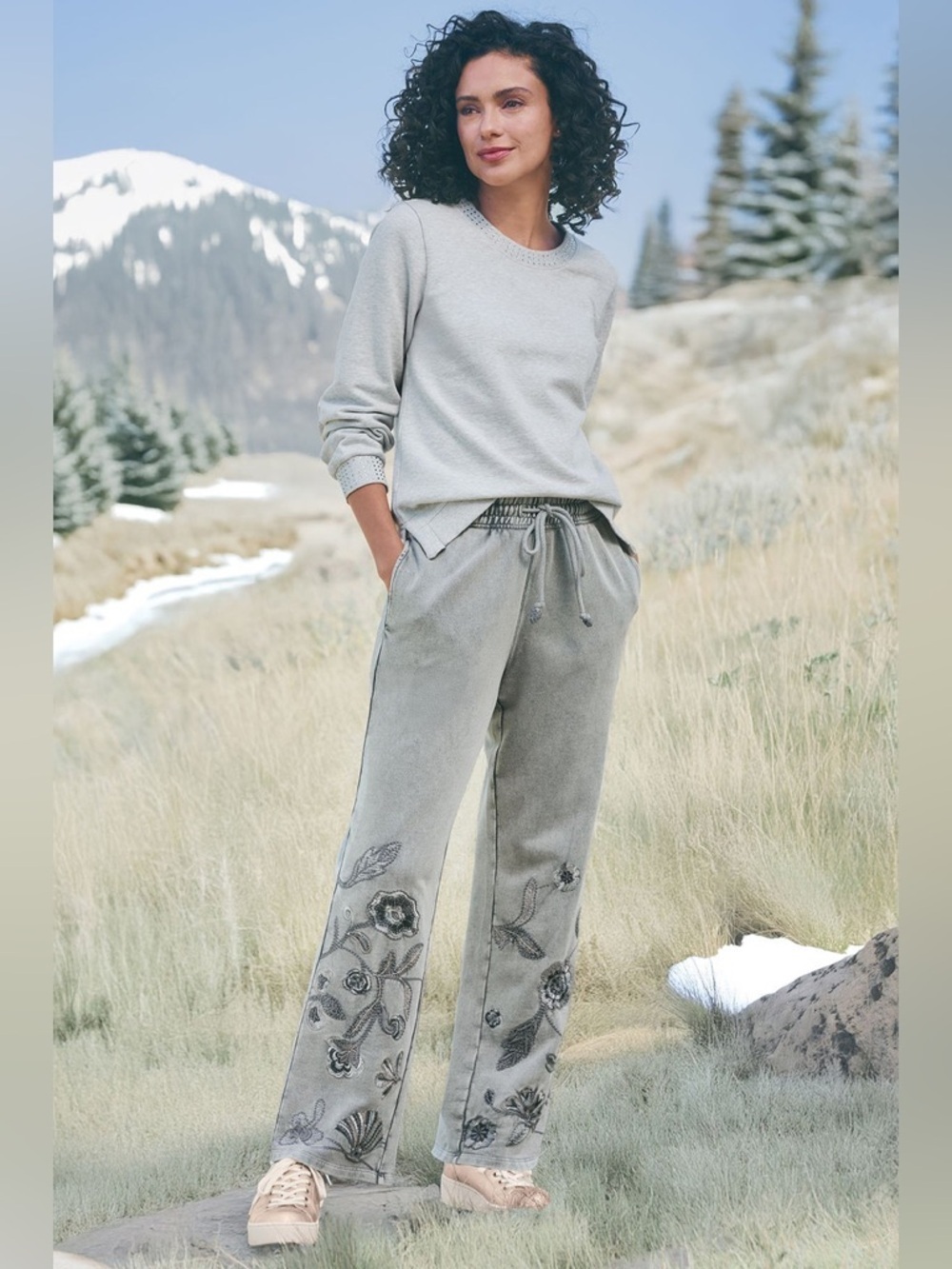 NWT Soft Surroundings Fleur De French Terry Pullon Pants Medium Grey embroidered